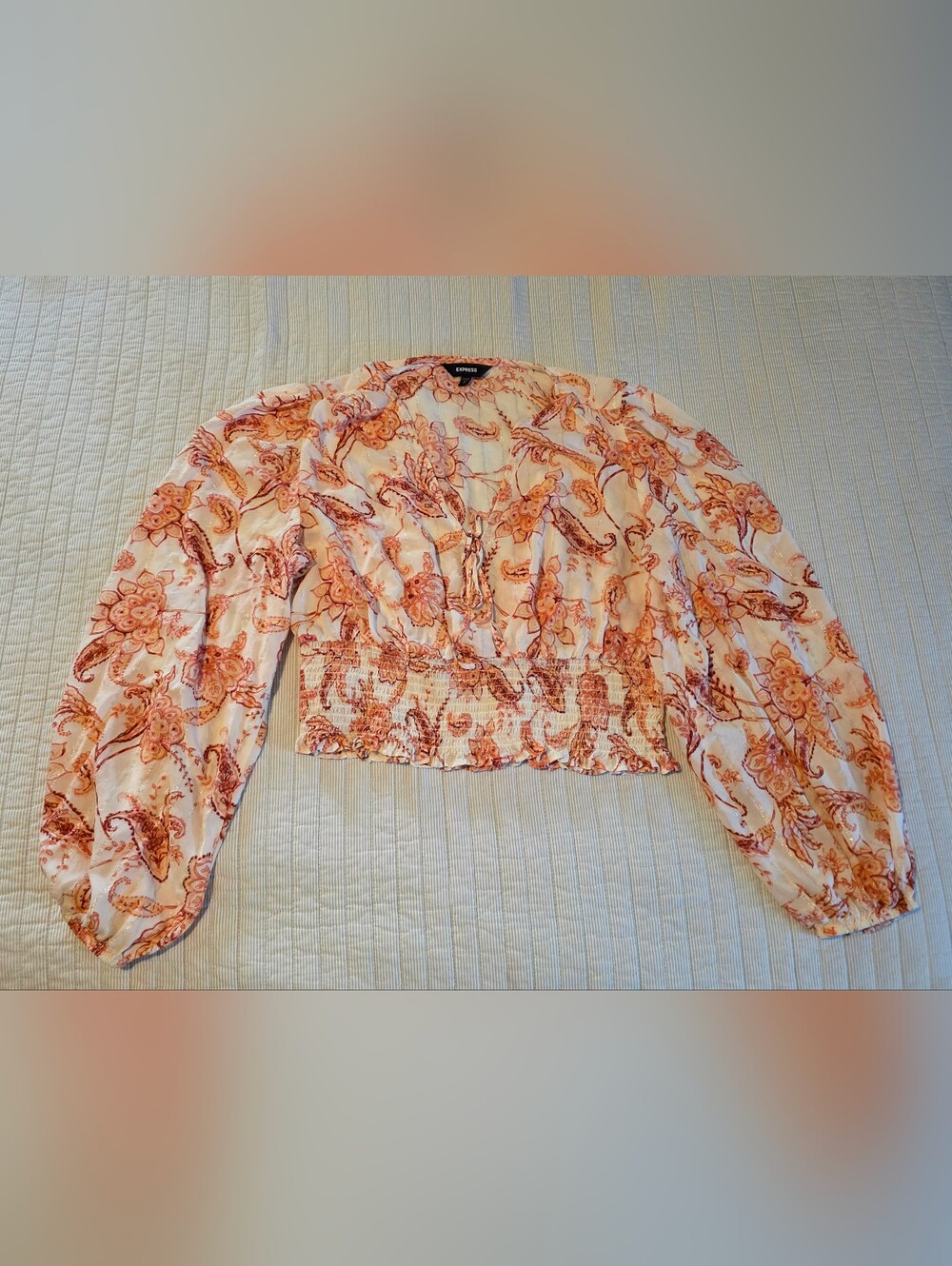 Express Paisley Metallic Smocked Crop Blouse in Cream and Orange Size M